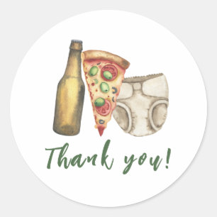 Pizza, öl och blöjor också Baby shower Tack Runt Klistermärke