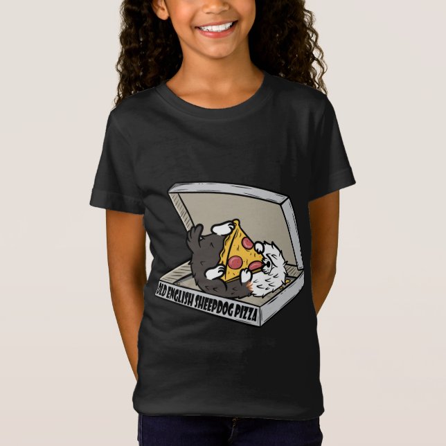 Pizza Old English Sheepdog Hund T Shirt (Framsida)