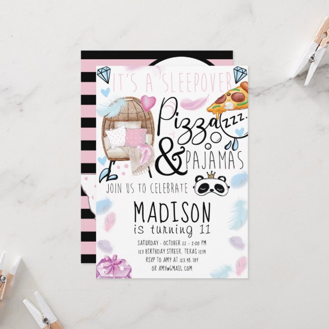 Pizza & Pajamas Sleepover Födelsedagsfest Inbjudningar (Fram/Back In Situ)