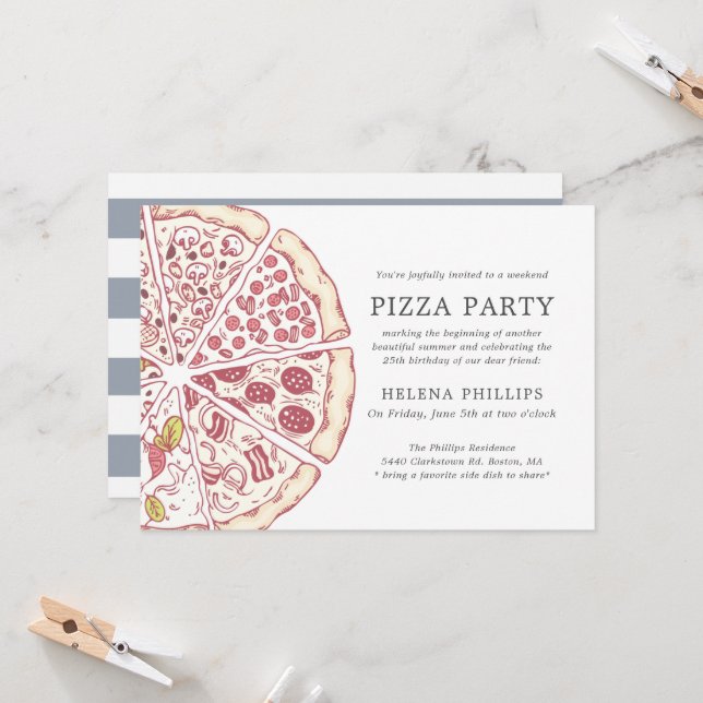 Pizza Party 25:e födelsedagen | Stripe-inbjudan Inbjudningar (Fram/Back In Situ)