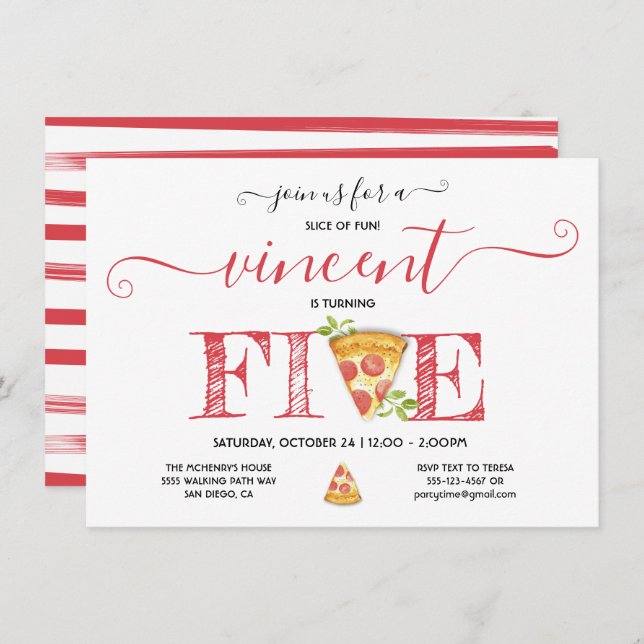 Pizza Party 5:e födelsedag Modern inbjudan (Fram/baksida)