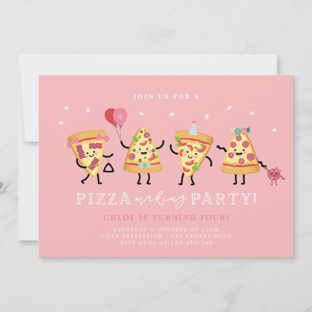 Pizza Party Birthday Inbjudan Girls Cute Pizza Par (Framsida)