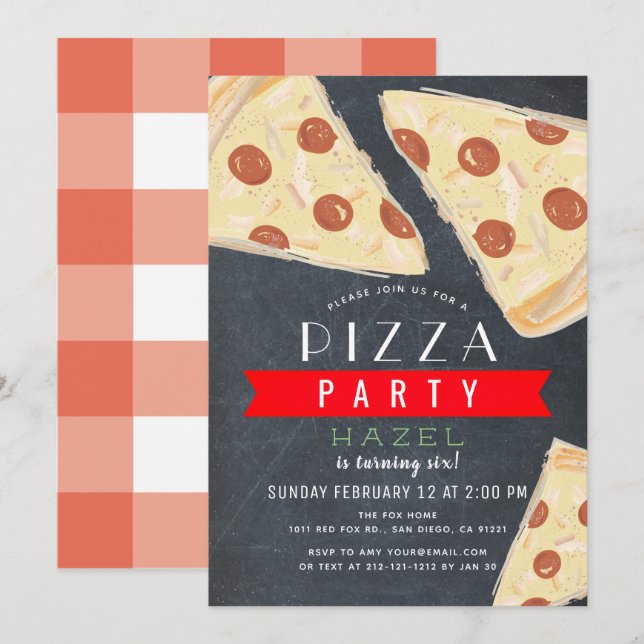 Pizza Party Chalkboard Red Gingham Birthday Inbjudningar (Fram/baksida)