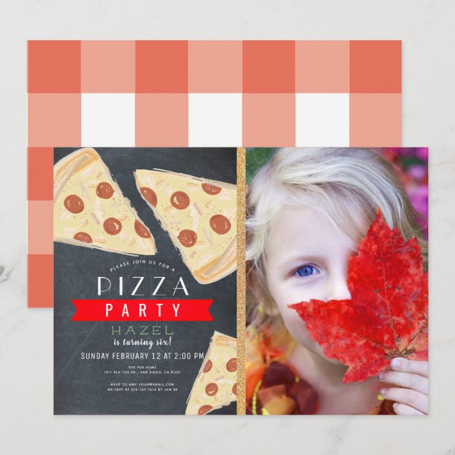 Pizza Party Chalkboard Red Gingham Photo Birthday Inbjudningar (Fram/baksida)