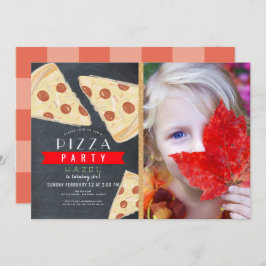 Pizza Party Chalkboard Red Gingham Photo Birthday Inbjudningar