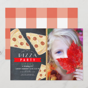 Pizza Party Chalkboard Red Gingham Photo Birthday Inbjudningar
