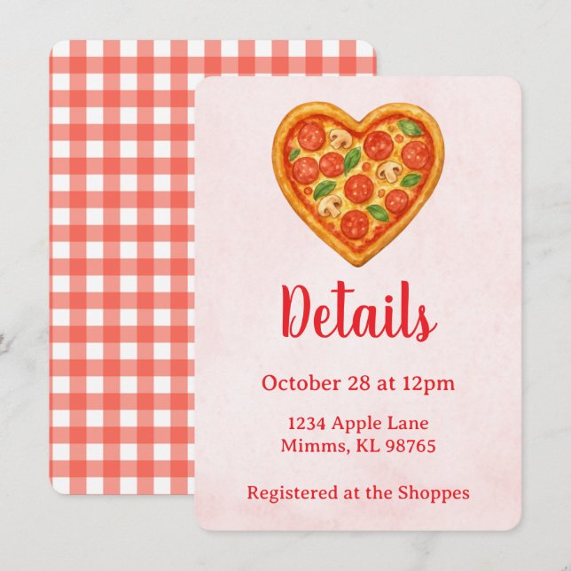 Pizza Party Details Card | Heart Pizza Red Checker Inbjudningar (Fram/baksida)