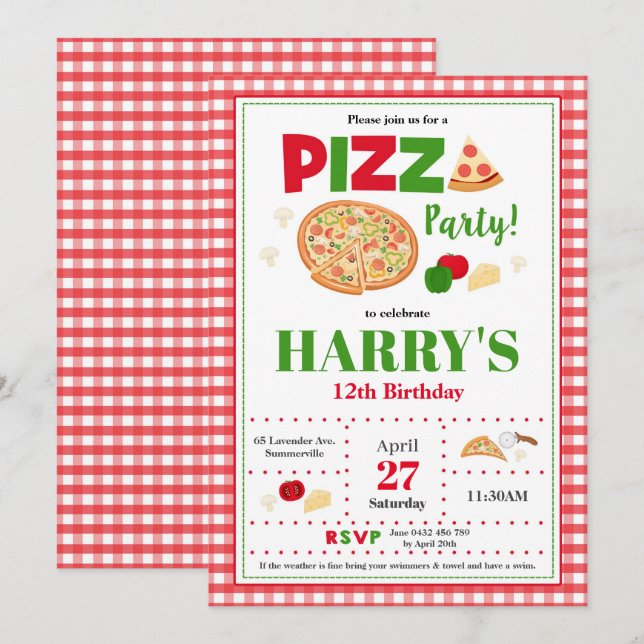 Pizza Party födelsedag: Snabbmat för inbjuden mat Inbjudningar (Fram/baksida)