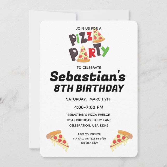 Pizza Party födelsedagsinbjudan till flicka eller  Inbjudningar (Framsida)