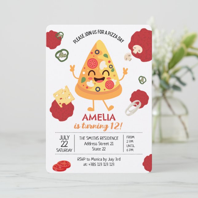 Pizza Party Kawaii Birthday-inbjudan Inbjudningar (Stående Fram)