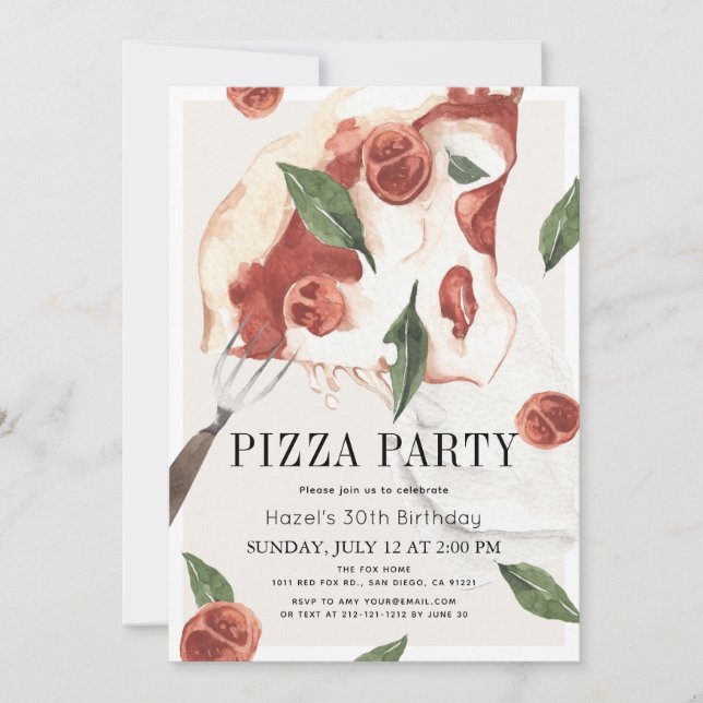 Pizza Party Margherita Watercolor Birthday Inbjudningar (Framsida)