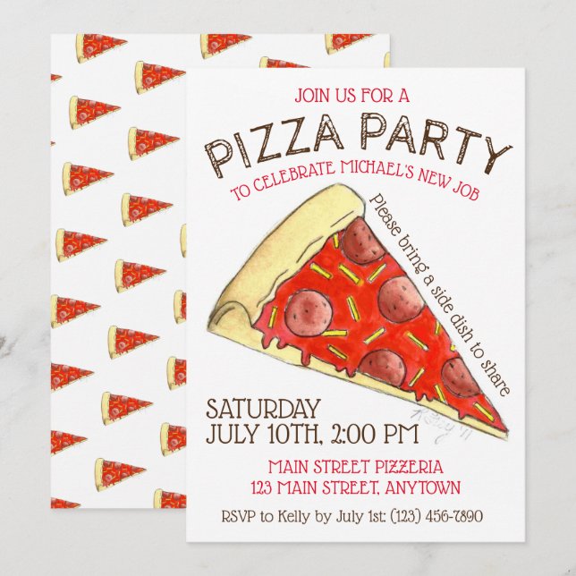 PIZZA PARTY! Pepperoni Cheese Paj Slice Pizzeria Inbjudningar (Fram/baksida)