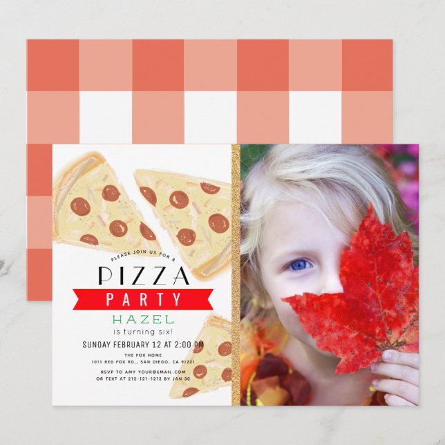 Pizza Party Red Gingham Photo Birthday Inbjudningar (Fram/baksida)