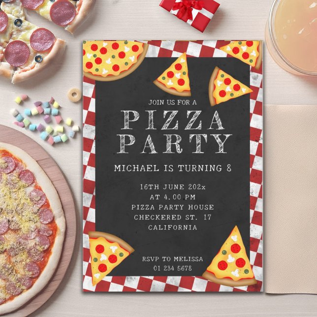 Pizza party-skivor barns födelsedag-styrd reflekto inbjudningar (Pizza party kids birthday checkered retro pattern Invitation. Personalize fun birthday invite.)