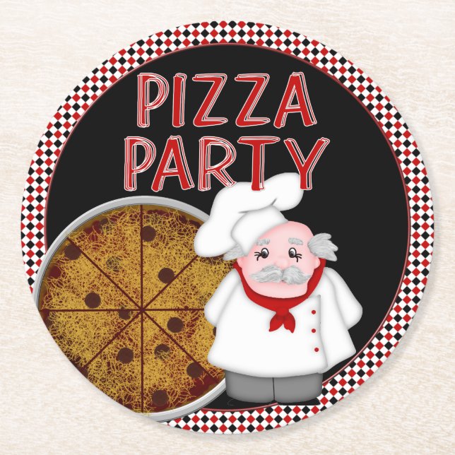 Pizza Party, Stil 2-Black Underlägg Set Papper Rund (Framsidan)