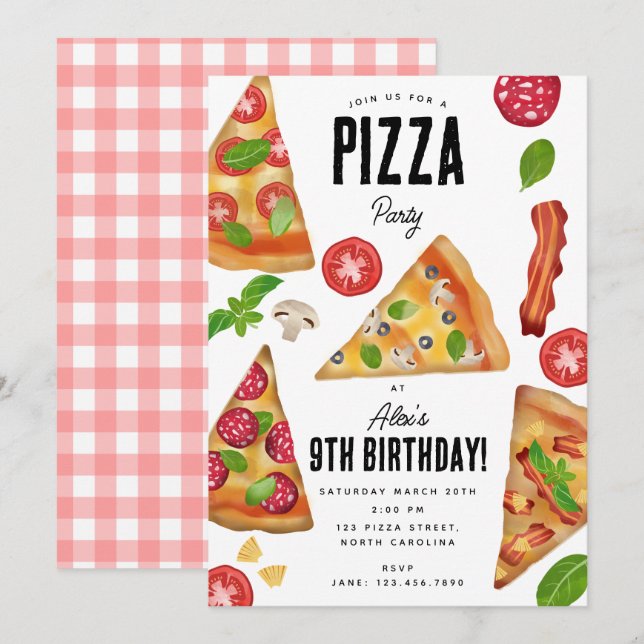 Pizza Party Theme Watercolor Birthday Inbjudningar (Fram/baksida)