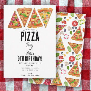 Pizza Party Theme Watercolor Birthday Kids Inbjudningar