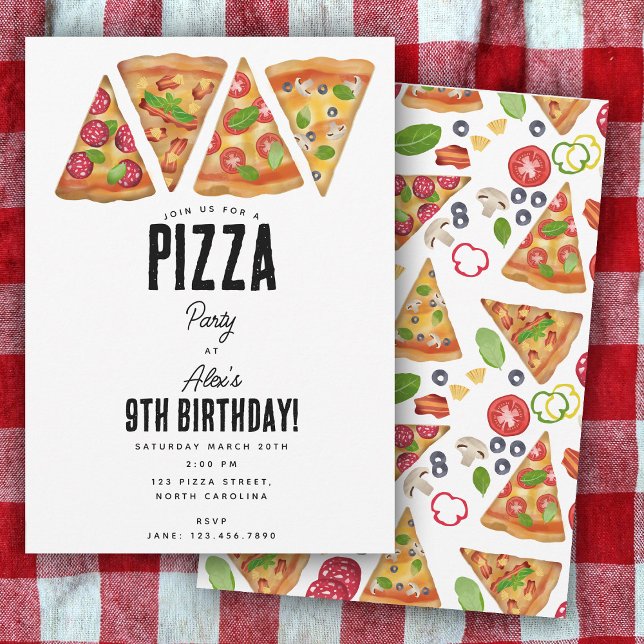 Pizza Party Theme Watercolor Birthday Kids Inbjudningar (Pizza Party Theme Watercolor Birthday Kids Invitation)