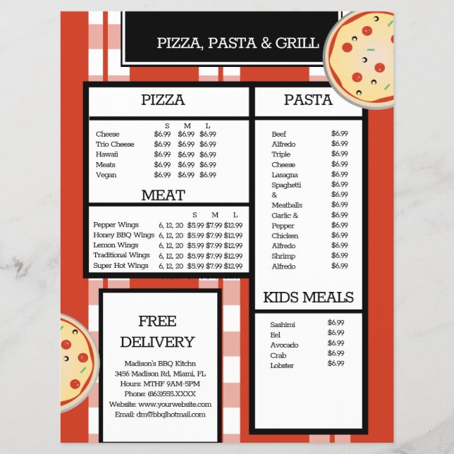Pizza Pasta Grill Restaurant Spaghetti Menu Reklamblad (Framsidan)