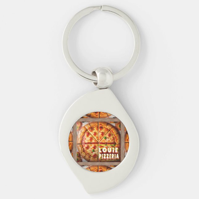 Pizza Pizzeria Design Swirl Silverfärgad Nyckelring (Framsidan)