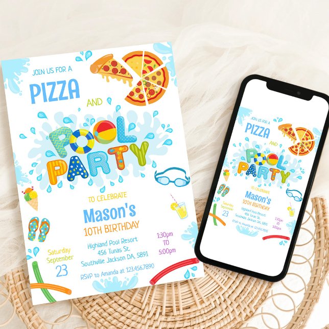 Pizza Pool Party Födelsedagsinbjudan Inbjudningar (Skapare uppladdad)