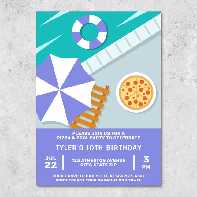 Pizza Pool Party Simbassäng Blå Modern Inbjudningar (Pizza pool party invitation)