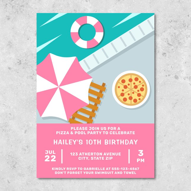 Pizza Pool Party Simbassäng Rosa Modern Inbjudningar (Pink invitation for a pizza & pool party)