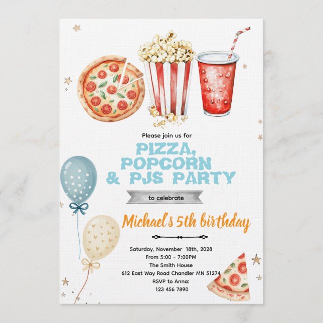 Pizza popcorn and pajamas party invitation inbjudningar (Framsida)