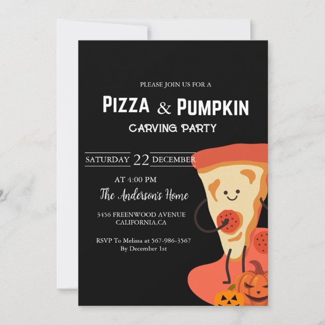 Pizza & Pumpkin Halloween som transporterar party Inbjudningar (Framsida)