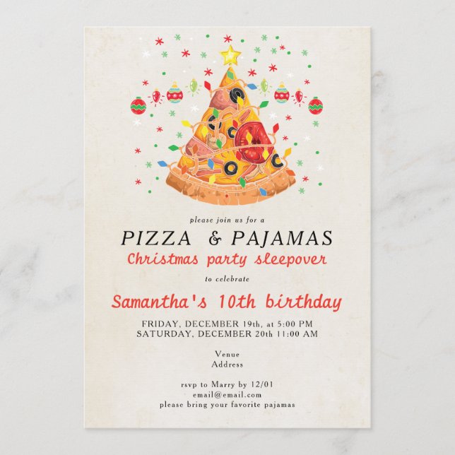 Pizza & Pyjamas Julsovparty Födelsedagsfest Inbjudningar (Framsida)
