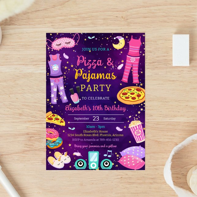 Pizza Pyjamas Soverparty Födelsedagsinbjudan Inbjudningar (Skapare uppladdad)