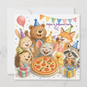 Pizza & Pyjamasparty Roliga Djur Födelsedag Inbjudningar