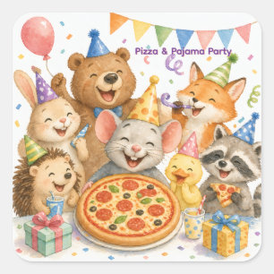 Pizza & Pyjamasparty Söt Djur Fyrkantigt Klistermärke