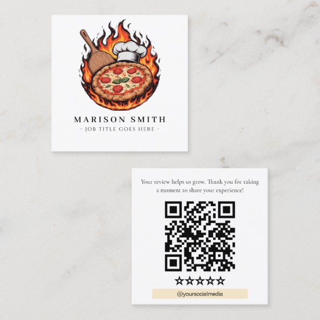 Pizza Restaurang Recension QR-kod  Fyrkantigt Visitkort (Fram/baksida)