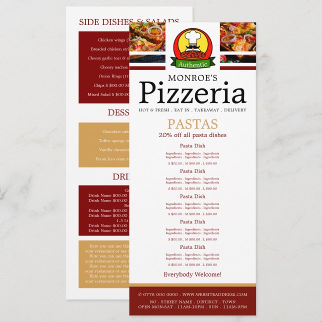 Pizza Restaurant, Pasta Slimline Menu Meny (Fram/baksida)