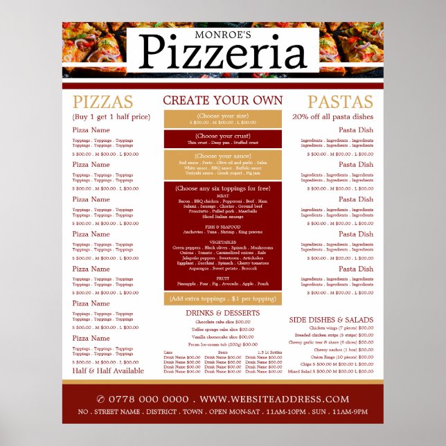 Pizza Restaurant, Pizzeria Menu Poster (Framsidan)