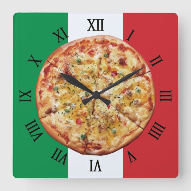 Pizza ~ Roman Numerals ~ Italiensk Flagga ~ Fyrkantig Klocka (Framsida)