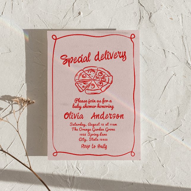 Pizza Rosa Hand plockade Speciell Delivery Baby Sh Inbjudningar (Skapare uppladdad)