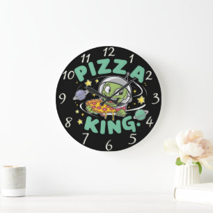Pizza Royalty: Tecknade figurer Holds Pizza Kung Stor Klocka
