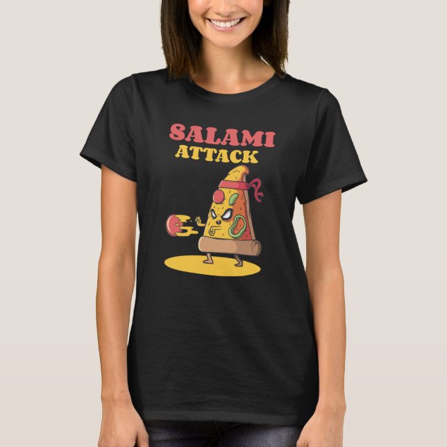Pizza Slice Motif Ninja Salami Attack Pizza Cheese T Shirt (Framsida)