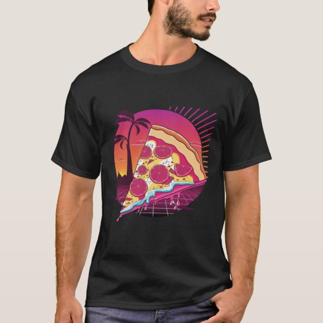 Pizza Synthwave 80s Retrowave Aesthetic T Shirt (Framsida)
