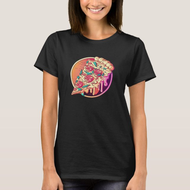 Pizza Synthwave 80s Retrowave Aesthetic T Shirt (Framsida)