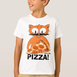 PIZZA! Tecknad Mustasch Katt med Pizzabit T Shirt