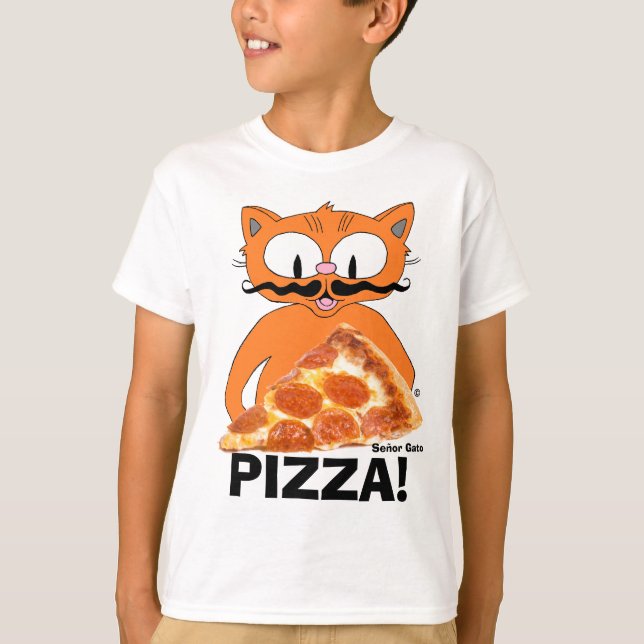 PIZZA! Tecknad Mustasch Katt med Pizzabit T Shirt (Framsida)