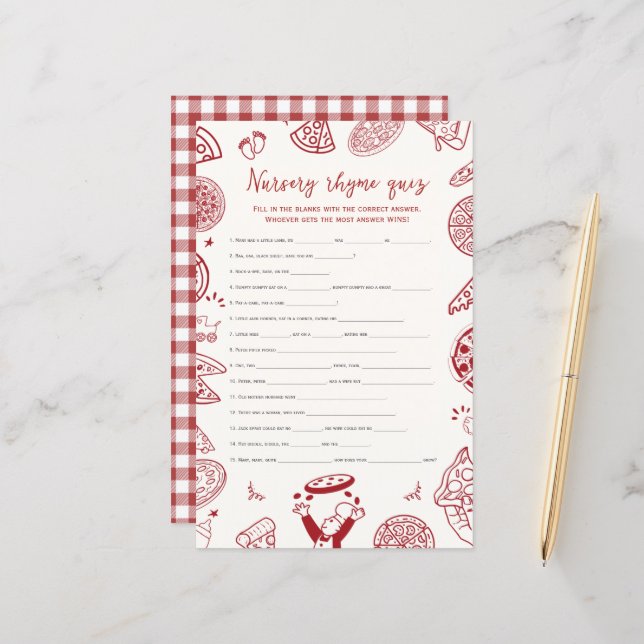 Pizza Temameplätery rhyme quiz babyduschspel (Fram/Back In Situ)