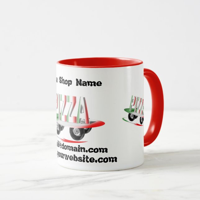 Pizza-tjänst,affärskort med röd grönt, kaffe mugg (Framsida höger)