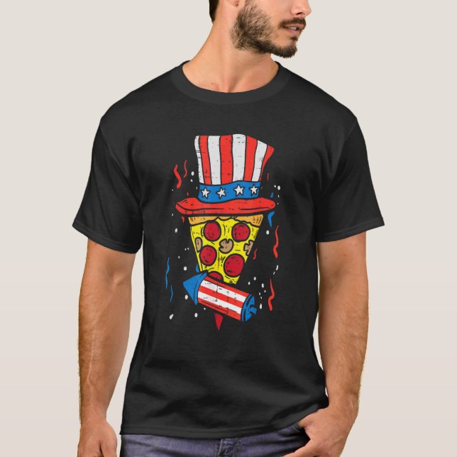 Pizza Us Flagga Hat Firecracker 4:e juli Livsmedel T Shirt (Framsida)
