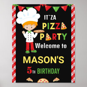 Pizza välkommen party-skylt Röd och grönt pizza pa Poster