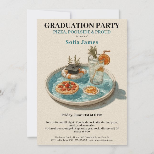 Pizza, vid poolen, poolparty | examensfest inbjudningar (Framsida)
