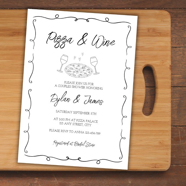Pizza & Vin Scribble Hand plockade Par Shower Inbjudningar (Pizza & Wine Scribble Hand Drawn Couples Shower Invitation)
